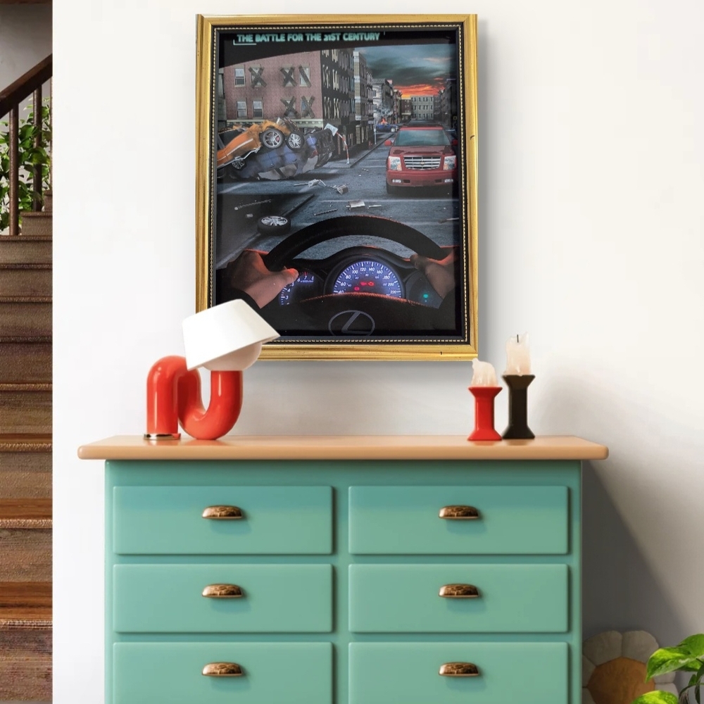 Dynamic Cityscape Art Print in Black and Gold Frame